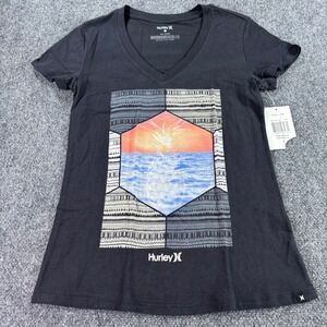 Hurley T-Shirt Womens Small Black Pineapple Reverie V-Neck Graphic Tee New